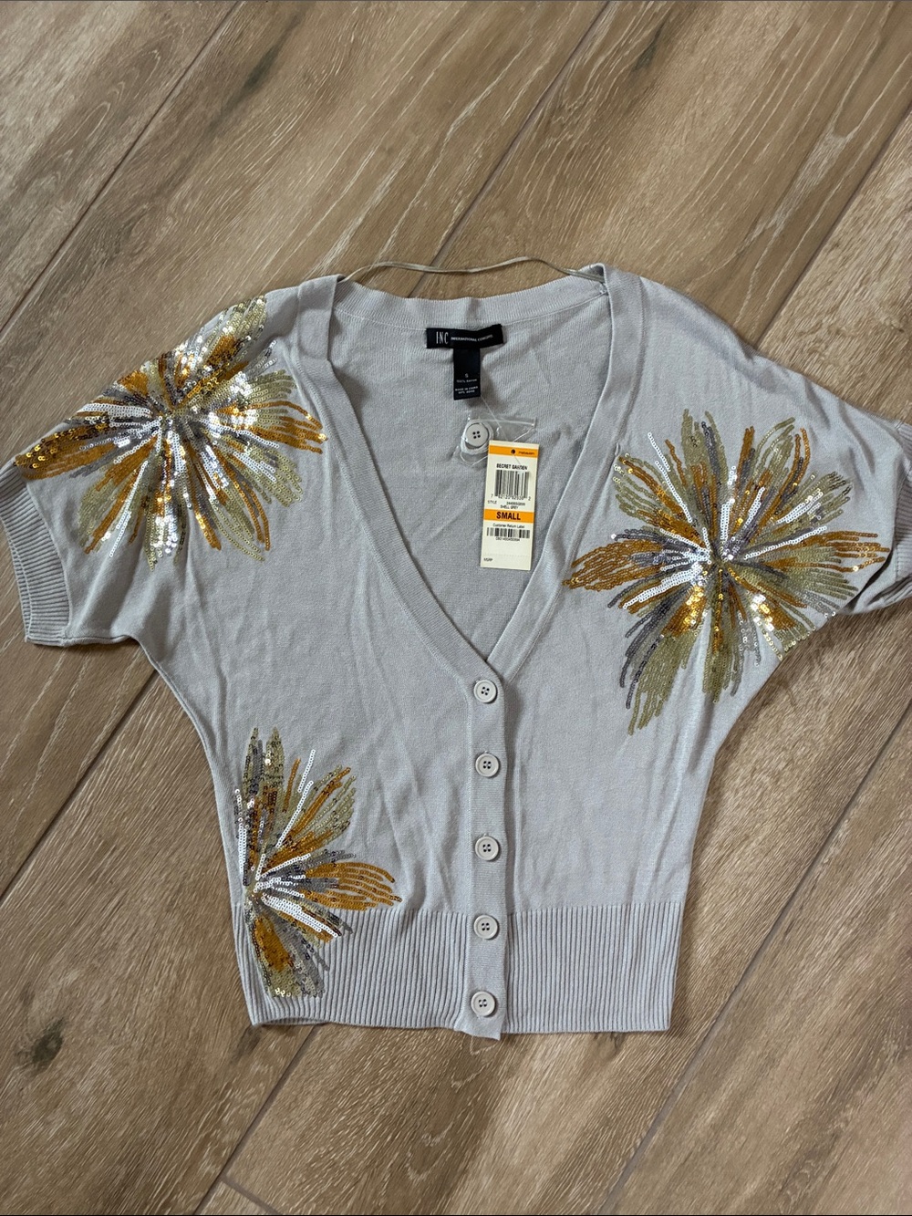 INC International Concepts Silver Sequin Flower Button-Front Top